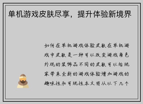 单机游戏皮肤尽享，提升体验新境界